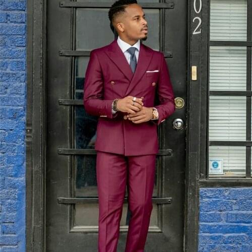 Double Breasted Burgundy Mens Suits Groom Men Business Pants Suit Tailored Plaid Prom Party Wedding Tuxedos (jacket+pants)