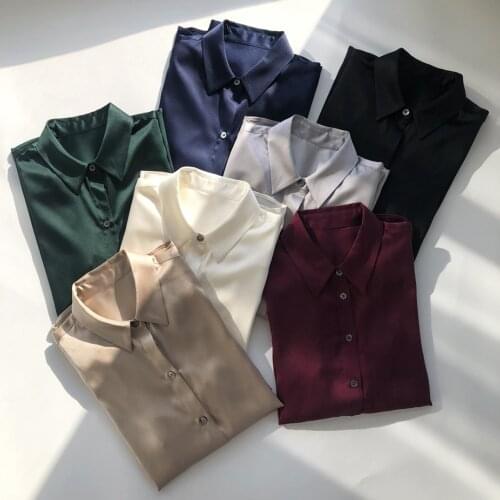 Elfbop High Qualilty Silk Satin Blend Solid Color Long Sleeve Lapel Blouse Shirt Top