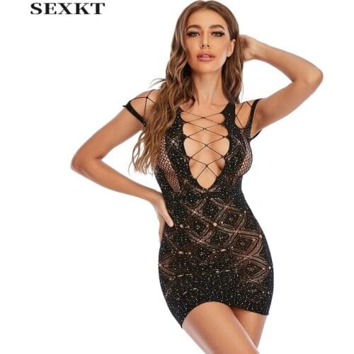Erotic clothes Sex clothes Ladies Rhinestone Shiny Sexy Lingerie Fishnet Clothes Hip Skirt Sexy Sling jumpsuit group The New