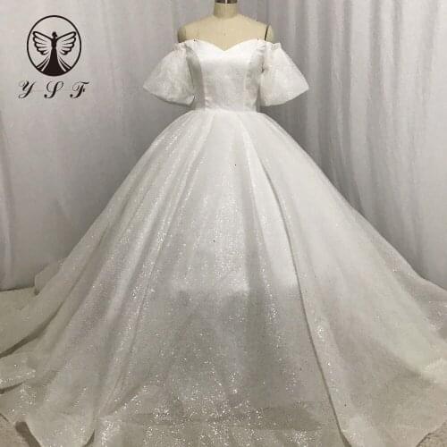 Classic Wedding Gown Off the Shoulder Sweetheart Puff Sleeve Corset Sweep Train Bridal Dresses 2018