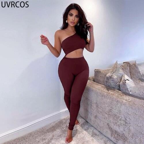 UVRCOS Jumpsuit Womens Summer 2021 One Shoulder Hollow Out Solid Skinny Fitness Yoga Workout Sportwear Jogging Femme High Waist