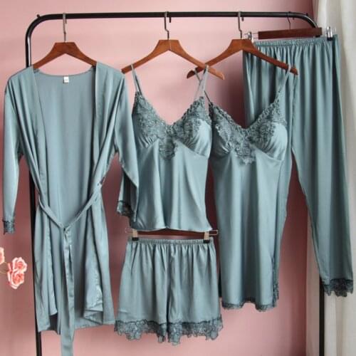 5PCS Bride Bridesmaid Wedding Kimono Pajamas Sets Satin Lace Women Night Bathrobe Robe Gown Sexy Summer Chest Pads Sleepwear