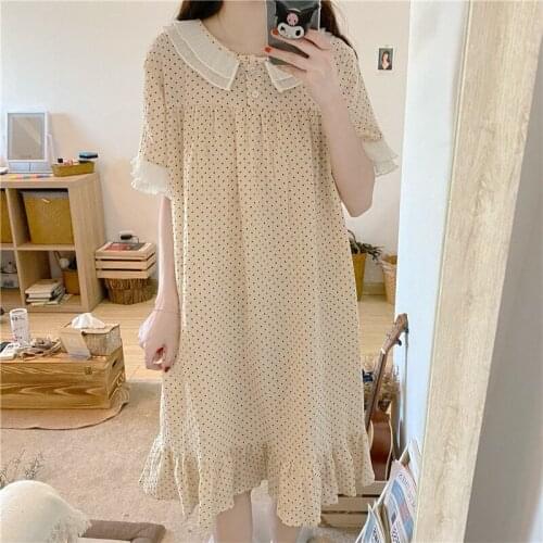 Polka Dot Print Summer Nightgown Women O-Neck Short Sleeve Loose Sleep Dress Cotton Casual Vintage Homewear Sleepwear
