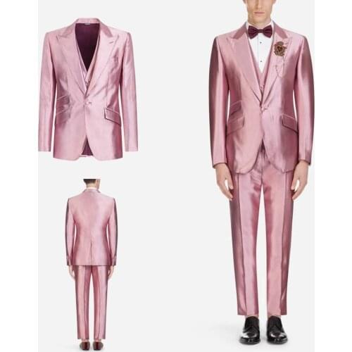 New Arrival Shinny Pink Wedding Men Suits Peaked Lapel Terno Masculino Groom Prom Blazer Slim Fit 3 Pcs (Jacket+Pant+Vest)
