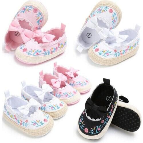 Newborn Baby Infant Girls Crib Shoes Embroidery Floral Soft Sole Prewalkers Anti-slip Toddler Shoes Sneakers