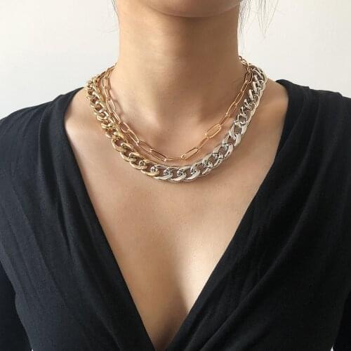 KMVEXO Gothic Punk Double Layered Splicing Gold Silver Color Chain Necklace for Women Hip Hop Choker Necklace 2021 Jewelry Gifts