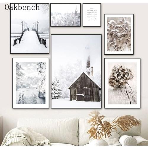 Snow Scene Canvas Painting Wooden House Poster Winter Art Prints Reed Posters Nordic Landscape Wall Pictures Living Room Decor
