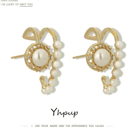Yhpup Statement Imitation Pearls Stud Earrings Shiny Cubic Zirconia Jewelry Fashion Geometric Design Earrings for Women Brincos