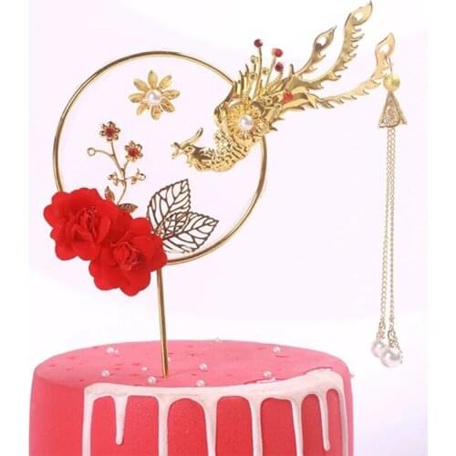 Alloy Phoenix Cake Decoration Red Rose Cake Topper for Anniversary Party Decor