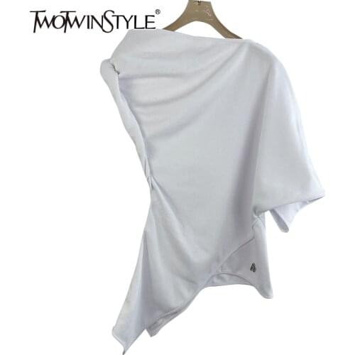 TWOTWINSTYLE Asymmetrical Black T Shirt For Women Irregular Collar Short Sleeve Casual T Shirts Female Fashion New Clothing 2021