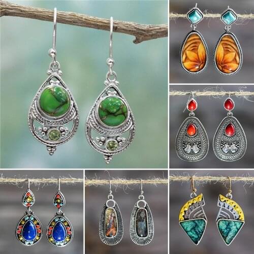 Bohemia Dangle Earrings for Women Ethnic Tribal Gypsy Indian Resin Waterdrop Hook Earring Statement Vintage Party Jewelry Gift