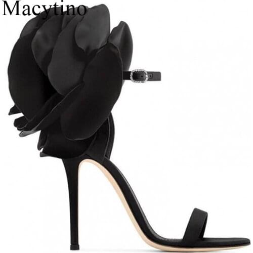 Big Flower Decor Bridal Shoes Pink Black Lady Party Dress Shoes Formal Evening High Heel Sandals Designer Shoes Women