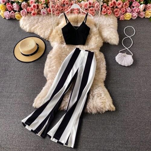 Saliency 2021 Summer New Style Retro V-neck Short Camisole Fashion Two-piece Suit Female + High-waist Striped Micro-flared Pants