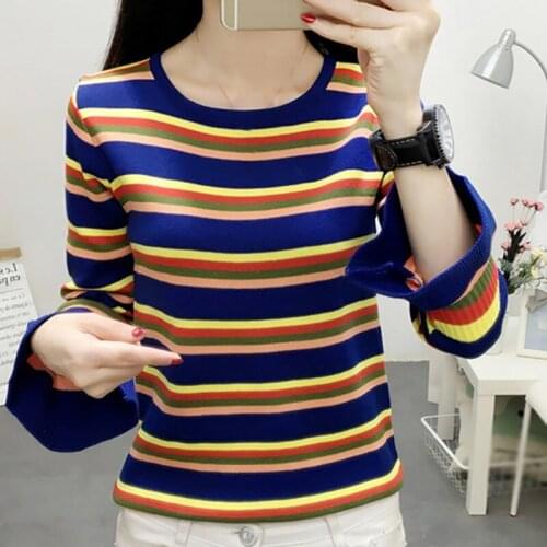 Girl 2019 New Autumn Winter Women O-Neck Flare Long sleeve Bottoming Slim Sweater Casual Striped Pullover Sweaters