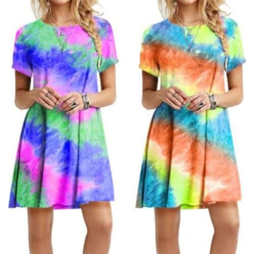 Women T-shirt Dress Summer 2020 New Dazzling Rainbow Tie-dye Print Dresses Casual Short Sleeve O-neck Loose Mini Dress Hit Color
