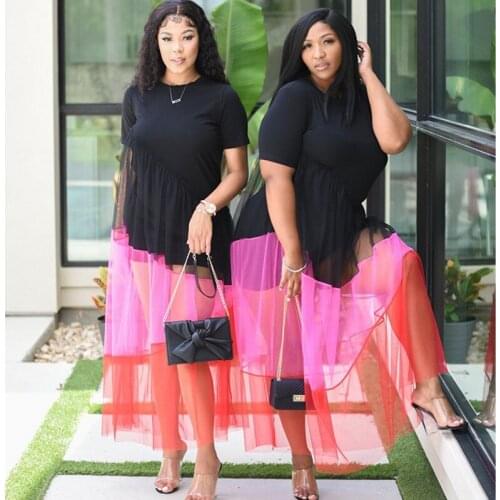 Plus Size Women Clothing Summer Dress Fashion Big Size Casual O Neck Short Sleeve Chic Polyester Mesh Stitching Black Dress