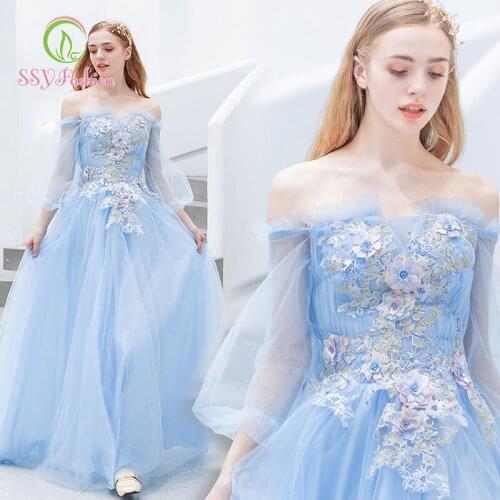 SSYfashion Boat Neck Long Sleeves Lace Up Back Floor-Length Blue Evening Dresses Long Custom Party Special Occasion Dresses