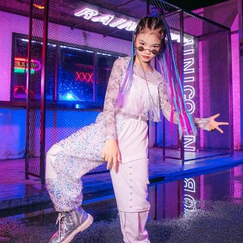 Girls Jazz Fringe Vest Sequin Pants Modern Street Dance Stage Performance Clothes Kids Hip Hop Suit Festival Clothing DQL6006
