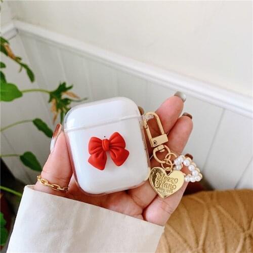 3D Transparent hard bow Pearl keychain Headphone Earphone case for apple airpods 1 2 Wireless Headset back cover for airpods pro