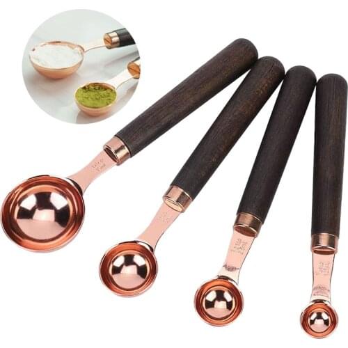 4 Piece Set Spoon Walnut Handle Engraved Measurements Premium Stainless Steel Mirror Polished Measuring Cup For Baking