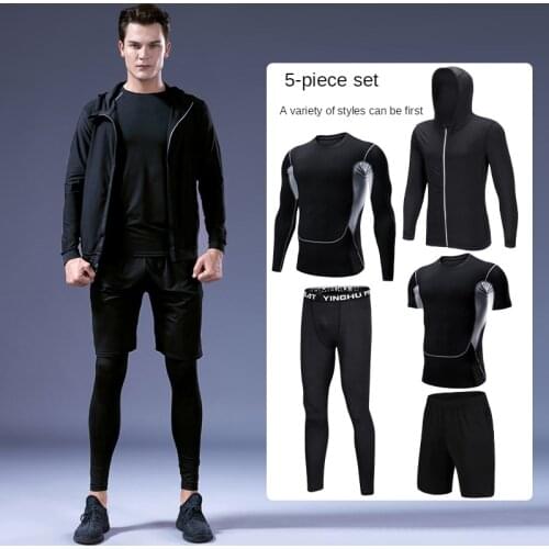 PRO New Fitness Suit Sports Set Mens Hooded Guard Five-piece Set Basketball Running Training Clothes Fitness Clothing Men