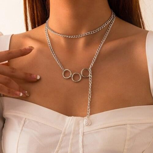 AE-CANFLY Punk Hollow Geometric Ring Pearl Pendant Necklace Woman Simple Metal Chain Item Jewelry Gift 2021 New Trend