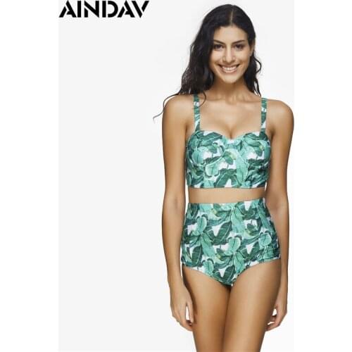 AINDAV Green Leaves Swimwear High Waist Bikini Bathing Suits Swimsuit Women Push Up Bikini Set Vintage Plus Size Biquini XXXL