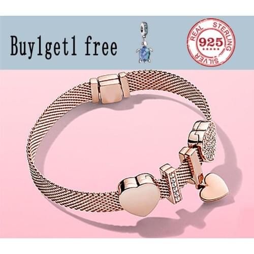 100% S925 sterling silver Rose gold heart studded pandora bracelet love elegant pandora high quality valentines day gift