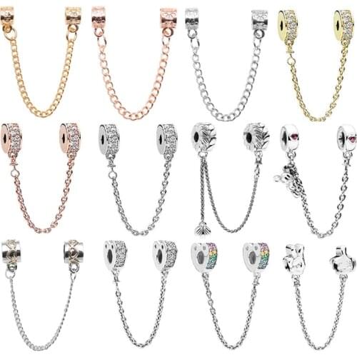 Boosbiy Newest 1pc Silver Color Heart Safety Chain Charms Beads With CZ Fits Original Brand Charm Bracelet DIY Jewelry Making