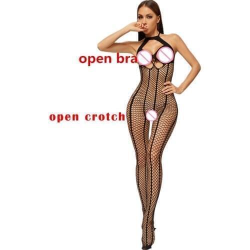 Women One Piece Fishnet Lingerie Jumpsuit Hollow Out Halter Bodystocking Open Crotch Ladies Sleeveless Mesh Bodysuit Pantyhose