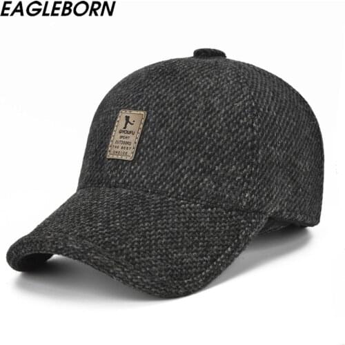 EAGLEBORN 2021 Woolen Knitted Design Winter Baseball Cap Men Thicken Warm Hats with Earflaps Dad Hat Snapback Hats for Men