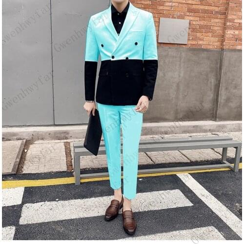 Gwenhwyfar 2020 Party Suits Men Men Slim Fit Suits Pant Prom Baby Blue Suit Costume Homme Double Vent Splice Contrast
