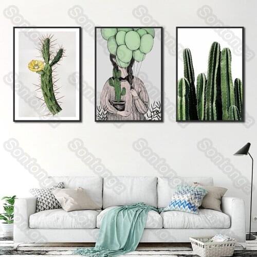 Cactus Plant Girl Bedside Painting Oil Painting Art Poster Decoration Canvas Nordic Art Sofa Background Simple Modern Home