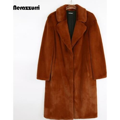 Nerazzurri Winter Warm Thick Long Brown Fluffy Faux Fur Coat Women Lapel Plus Size Elegant Luxury Sheared Mink Fur Overcoat 7xl