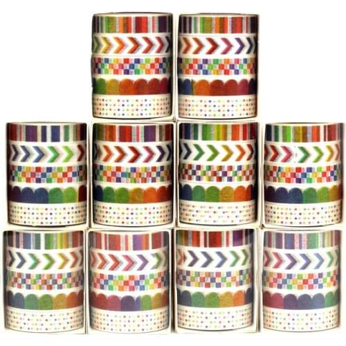 NEW 10 Boxes Decorative Colorful Striped Arrows Mosaic Dots Washi Tapes Bullet Journal Adhesive Masking Tape Cute Stationery