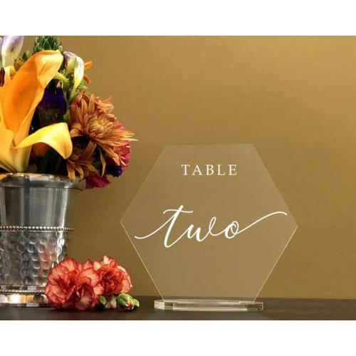 Personalized Hexagon Table Number with Stand Clear Acrylic Wedding Table Number Sign Calligraphy Wedding Table Decor