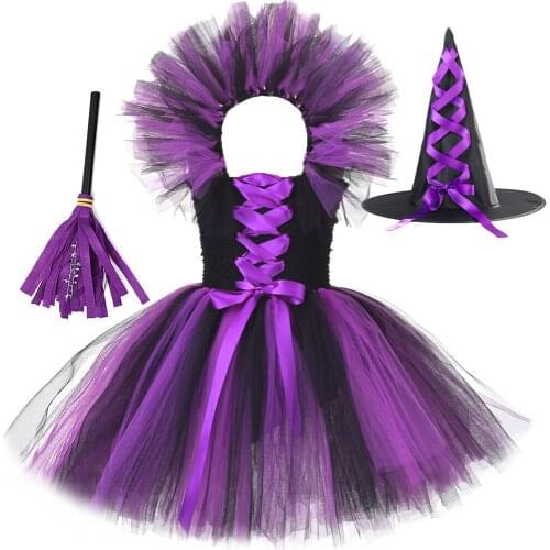 Witch Tutu Dress for Girls Halloween Costumes for Kids Girl Fancy Dresses Knee Length The Witches Child Clothes with Hat Broom