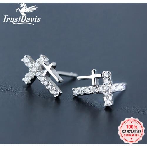 Trustdavis 925 Sterling Silver Fahion Sweet Cross Dazzling CZ Charm Stud Earrings For Women Wedding birthday Party Gift DS258
