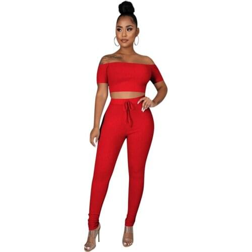 Knitted Ribbed 2 Piece Set Women Casual Tracksuit Off Shoulder Short Sleeve Crop +Pencil Pants Suit Leisure Outfits Matching Set