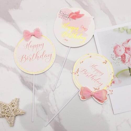 1PC Cake Topper Pink Bowknot Crown Decoration Happy Birthday Cake Toppers For Gift Cupcake Dessert Supplies