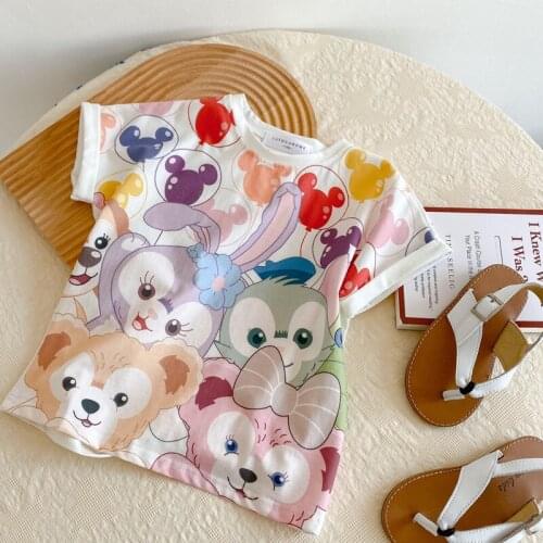 2021 Spring summer girls foreign style cute blouse childrens baby cartoon short-sleeved T-shirt pure cotton half-sleeved tops