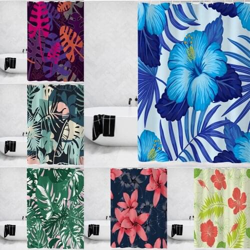 Green Tropical Plants Nordic Style Polyester Bathroom Shower Curtain 3D Printed Waterproof with 12 Hooks