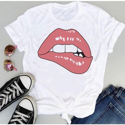 Women Cartoon Sexy Lip Lady Casual 90s Trend Short Sleeve Sweet Summer Fashion Print Lovely Clothes Tops Tees Tshirt T-Shirt