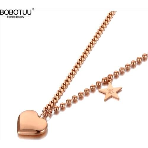 BOBOTUU Titanium Stainless Steel Love Heart & Star Charm Pendant Necklaces Trendy Bohemia Choker Necklace For Women BN20117