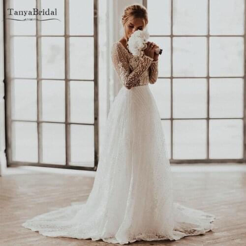 Long Sleeve Wedding Dress ALine V-Neck See Through Elegant Bridal gowns robe de marrige Noivas DW257