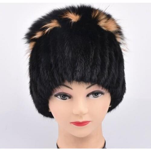 Winter fur hat women real mink fur hat with fox fur flower knitted beanie new sale high-end women fur Flowers cap