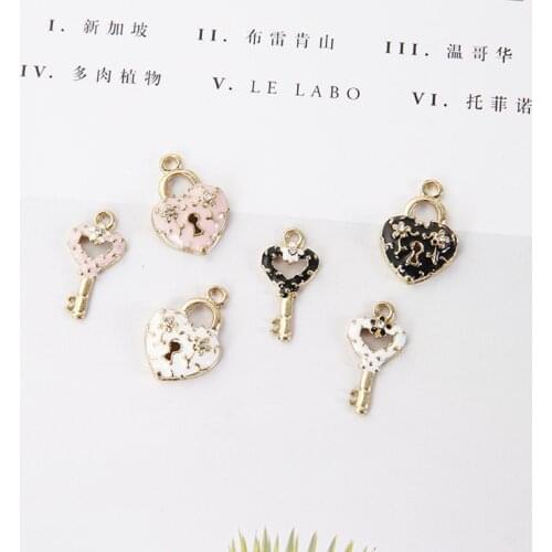 10pcs/lot Lace Key Lock Enamel Charms Metal Gold Pendants Handmade Craft Charms for DIY Jewelry Making
