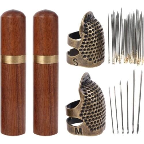 46pcs/set Sewing Thimble with Needles Finger Protector Fingertip Adjustable Metal Rings for Needlework Hand Embroidery