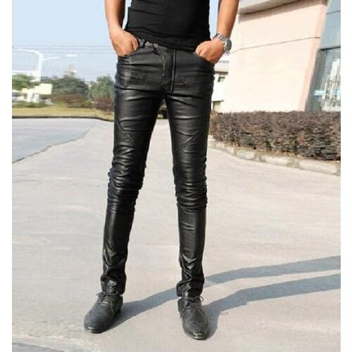 Black motorcycle faux leather pants men feet trousers personalized pu pants for men pantalon homme korean singer dance fashion
