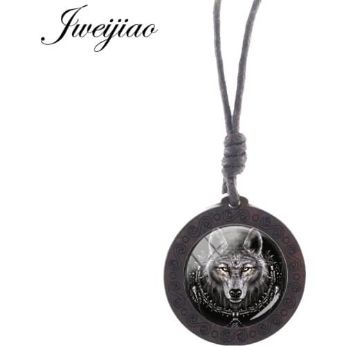 JWEIJIAO Wolf Dog Picture Rope Chains Wooden Necklace Round Glass Pendant Classic Punk Jewelry For Boys Birthday Gifts D1403